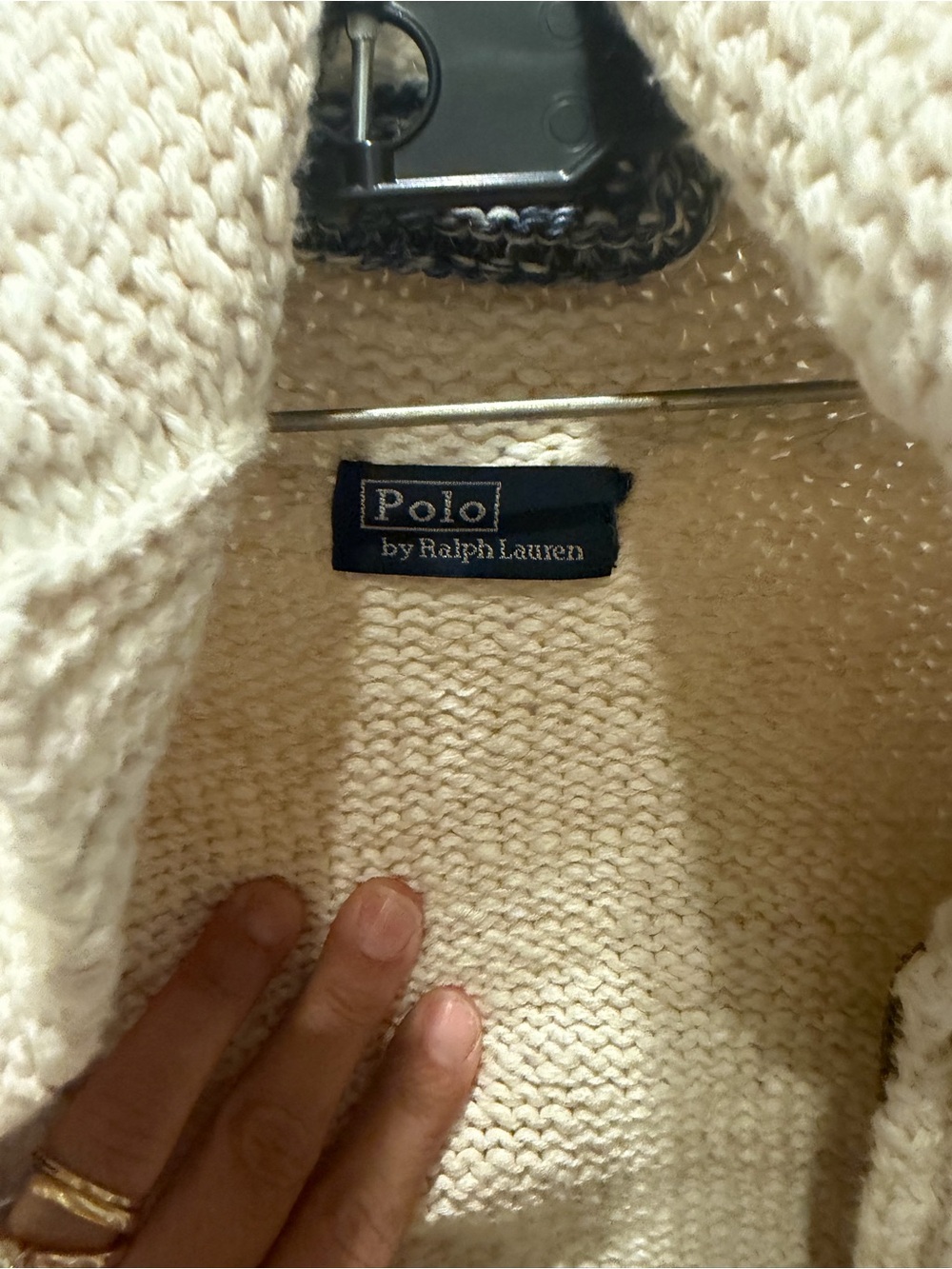 Polo Ralph Lauren Cream and Blue Logo Shawl-Collar Full-Zip Cardigan - Picture 4 of 4